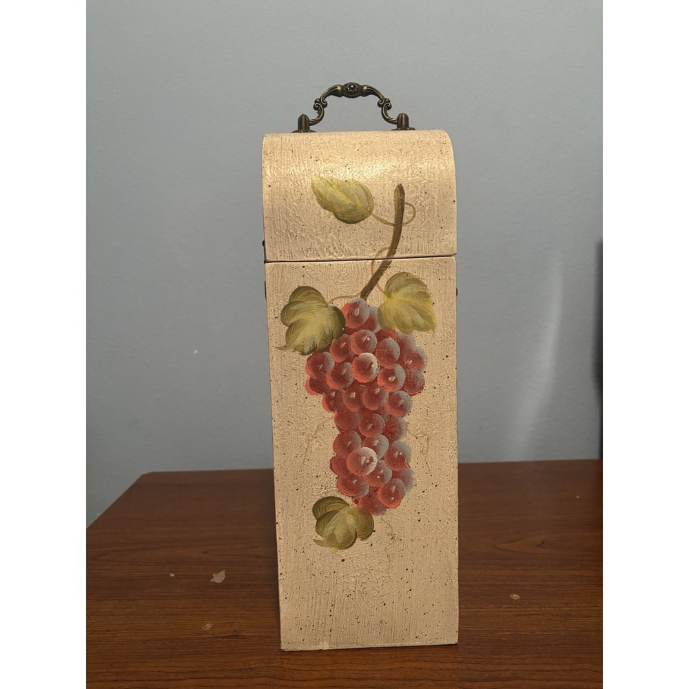 Vintage Hand Painted Wooden Wine Box Single Bottle Carrier Grapes Toleware MCM